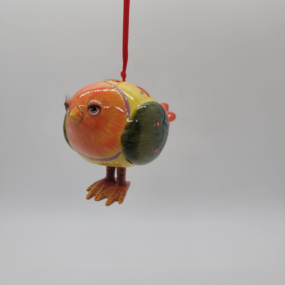 Hand Painted Ceramic Bird Ornament Whimsical Folk Art Heart Detail Colorful